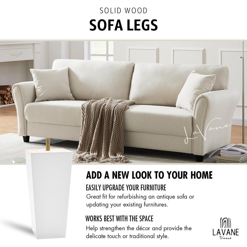 La Vane 8 inch Wooden Furniture Legs, Set of 4 Solid Wood Square White Mid-Century Modern Replacement Bun Feet with Pre-Drilled 5/16 Inch Bolt & Mounting Plate & Screws for Couch Sofa Armchair - Image 2